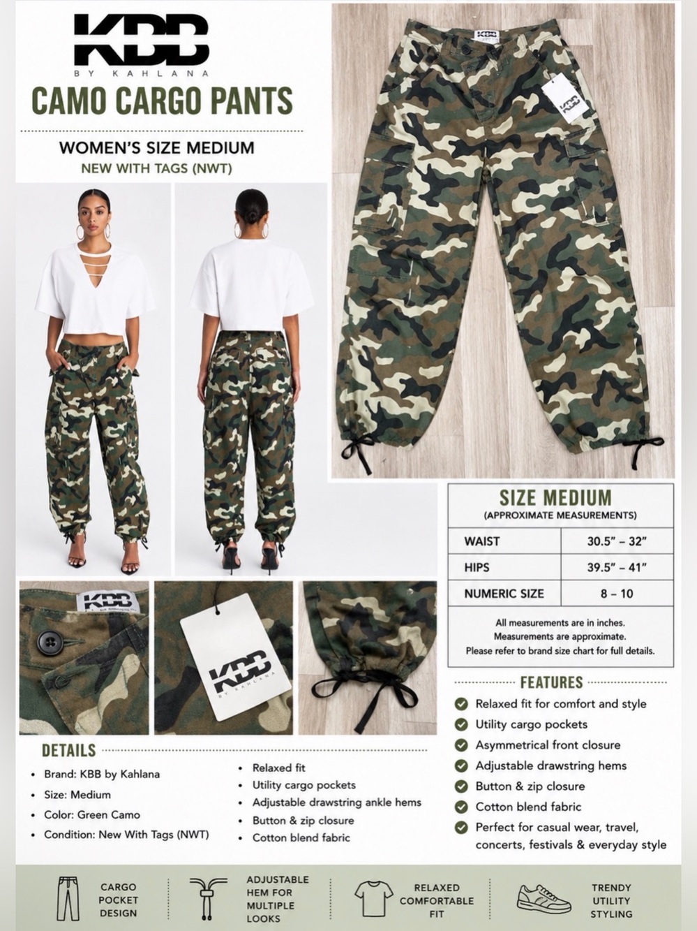 NWT KBB by Kahlana Camo Cargo Pants Women’s Medium Adjustable Hem Utility Pants